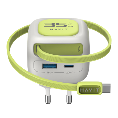 Зарядний пристрій HAVIT UC251 GaN 35W USB-A+USB-C +Кабель USB-C Gray/Green - photo №3