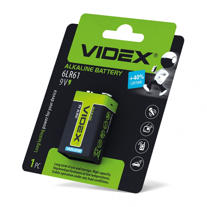 Батарейка лужна Videx 6LR61/9V (Крона) 1шт BLISTER 