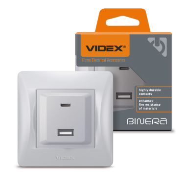 Розетка USB-A + USB-C PD20W срібний шовк VIDEX BINERA - фото
