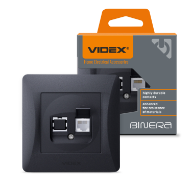 Розетка CAT6 одинарна комп'ютерна чорний графіт VIDEX BINERA - фото