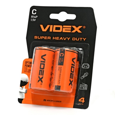 Батарейка сольова VIDEX R14P/C 2шт BLISTER - фото