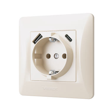 Розетка одинарна із заземленням з USB+USB-C кремова VIDEX BINERA - фото №3