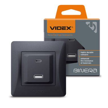 Розетка USB-A + USB-C PD20W чорний графіт VIDEX BINERA - фото