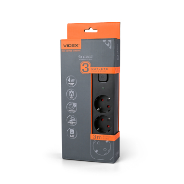 Мережевий подовжувач VIDEX ONCORD з/з 3п 3м (3x1.5мм) з кнопкою Black - фото