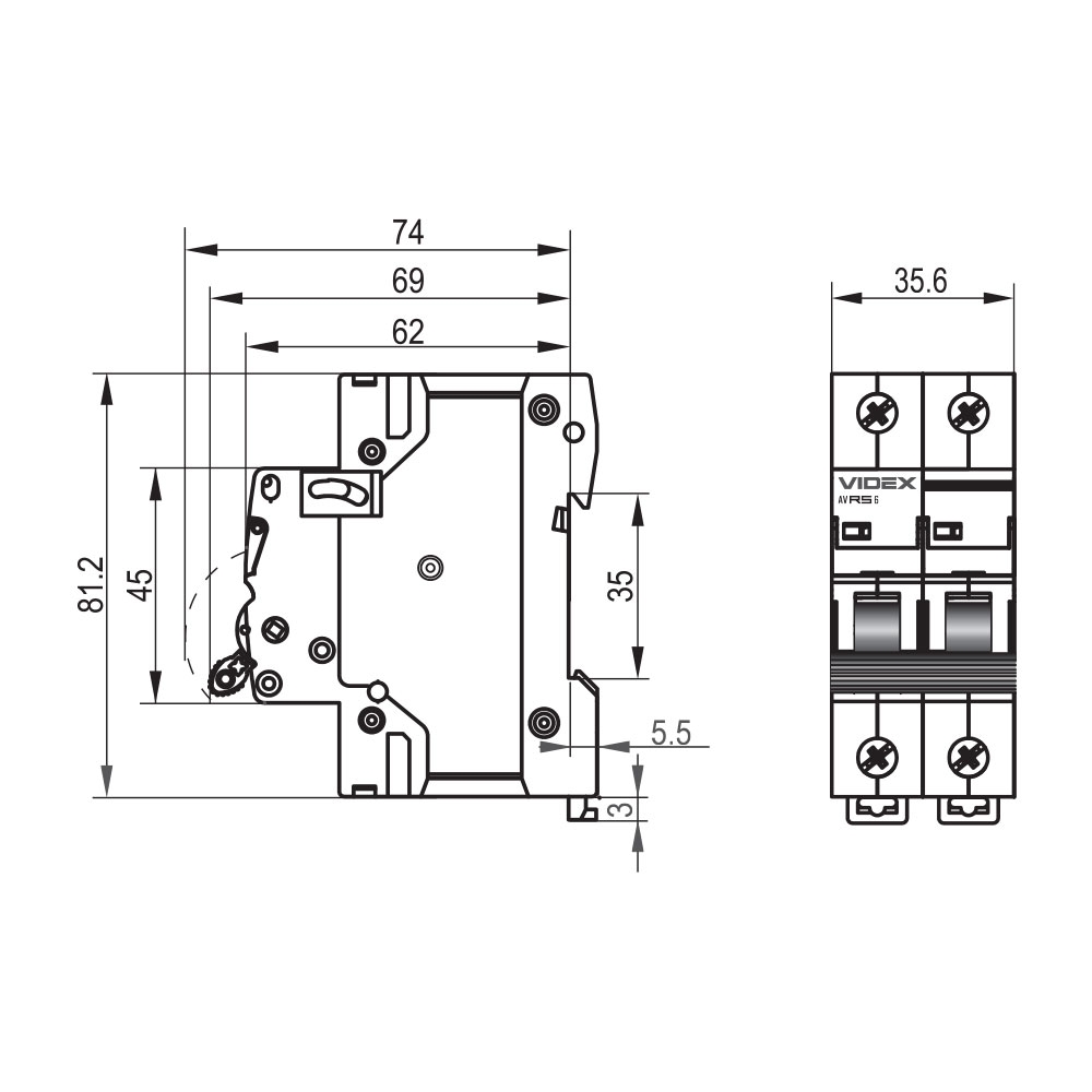 MCB RS6 2p 6А С 6кА VIDEX RESIST