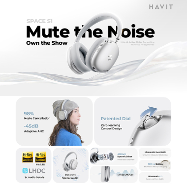 Навушники накладні бездротові HAVIT H670BT "SPACE S1" ANC Silver - фото №5