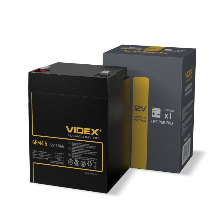Акумулятор свинцево-кислотний  Videx 6FM4.5 12V/4.5Ah color box 1