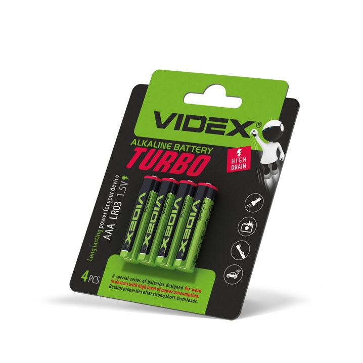 Батарейка лужна Videx LR03/AAA Turbo 4шт BLISTER (40/720)