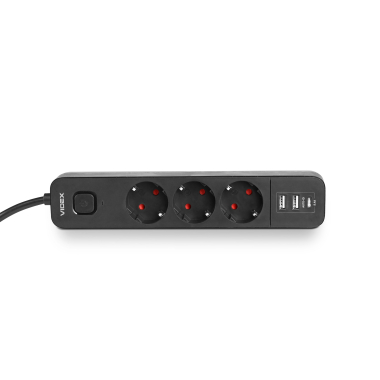 Мережевий подовжувач VIDEX ONCORD з/з 3п 3м (3x1.5мм) 2.4А 2USB+USB-C з кнопкою Black - фото №5