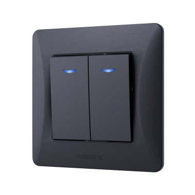 Вимикач двоклавішний з підсвіткою чорний графіт VIDEX BINERA - фото №3