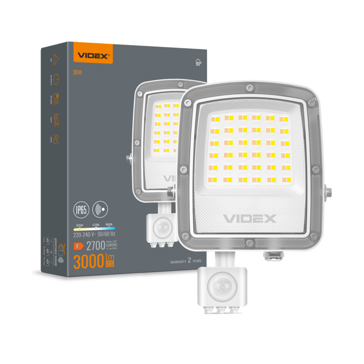 LED прожектор VIDEX F5 30W 3000-5000-6500K з датчиком руху 230V White (VL-F5-030CW-S) - фото