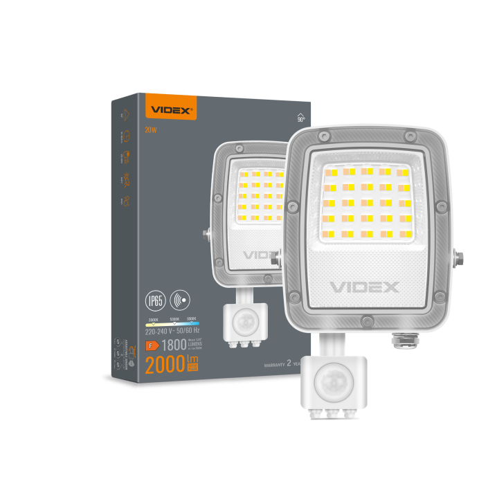 LED прожектор VIDEX F5 20W 3000-5000-6500K з датчиком руху 230V White (VL-F5-020CW-S) - фото