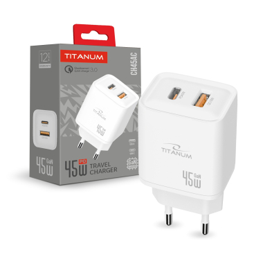 Зарядний пристрій TITANUM CH45AC GaN 45W USB-A+USB-C White - фото