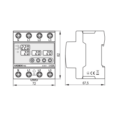 Трифазне реле контролю напруги та струму VIDEX RESIST 145-300В 1-63А - фото №3