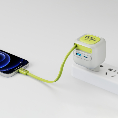 Зарядний пристрій HAVIT UC253 GaN 65W USB-A+USB-C +Кабель USB-C Gray/Green - photo №7