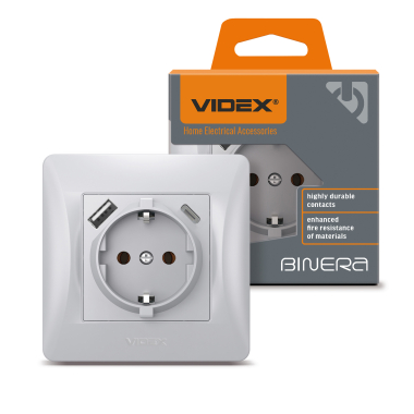 Розетка одинарна із заземленням з USB+USB-C срібний шовк VIDEX BINERA - фото