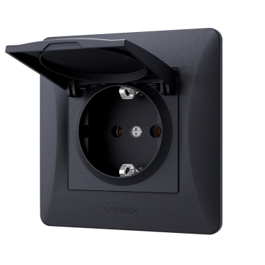 Розетка одинарна із заземленням та кришкою чорний графіт VIDEX BINERA - фото №3