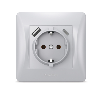 Розетка одинарна із заземленням з USB+USB-C срібний шовк VIDEX BINERA - фото №2
