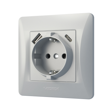 Розетка одинарна із заземленням з USB+USB-C срібний шовк VIDEX BINERA - фото №3