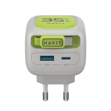 Зарядний пристрій HAVIT UC251 GaN 35W USB-A+USB-C +Кабель USB-C Gray/Green - photo №2