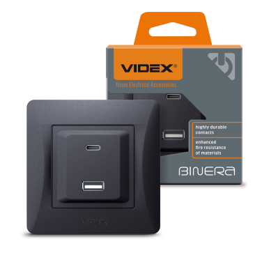 Розетка USB-A + USB-C PD20W чорний графіт VIDEX BINERA