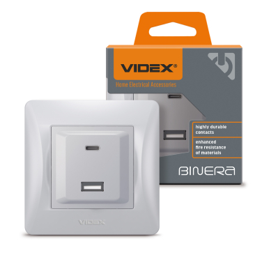 Розетка USB-A + USB-C PD20W срібний шовк VIDEX BINERA