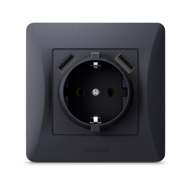 Розетка одинарна із заземленням та 2USB чорний графіт VIDEX BINERA - фото №2