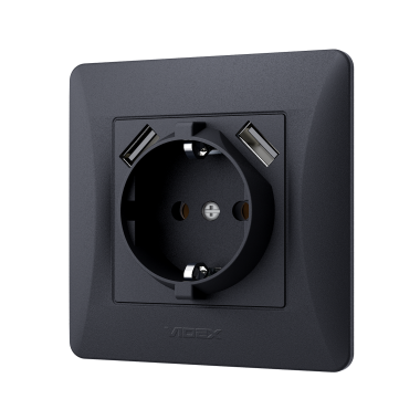 Розетка одинарна із заземленням та 2USB чорний графіт VIDEX BINERA - фото №3