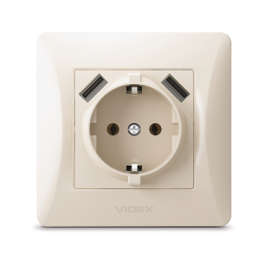 Розетка одинарна із заземленням та 2USB кремова VIDEX BINERA - фото №2