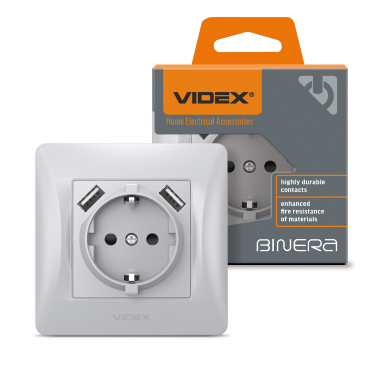 VIDEX BINERA  Single schuko socket with 2USB silver silk