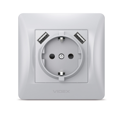 Розетка одинарна із заземленням та 2USB срібний шовк VIDEX BINERA - фото №2