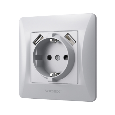 Розетка одинарна із заземленням та 2USB срібний шовк VIDEX BINERA - фото №3