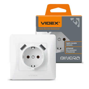 Розетка одинарна із заземленням та 2USB біла VIDEX BINERA - фото