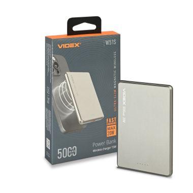 Повербанк з бездротовою зарядкою 5000mAh VIDEX Ultra-Slim VPB-W51S 15W PD20W - фото